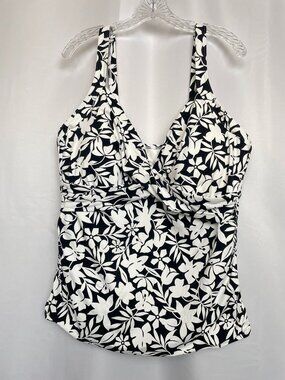 Lands'End Twist Front Flutter Tropical Monochrome Athletic Tankini Swim Top 18DD